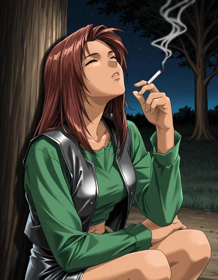 <lora:saku-v9-il-000041:0.75> m0ek0, closed eyes, leather vest, green shirt, navel, leather skirt
1girl, solo, squatting, looking up, smoking, holding cigarette, against tree, outdoors, night, upper body