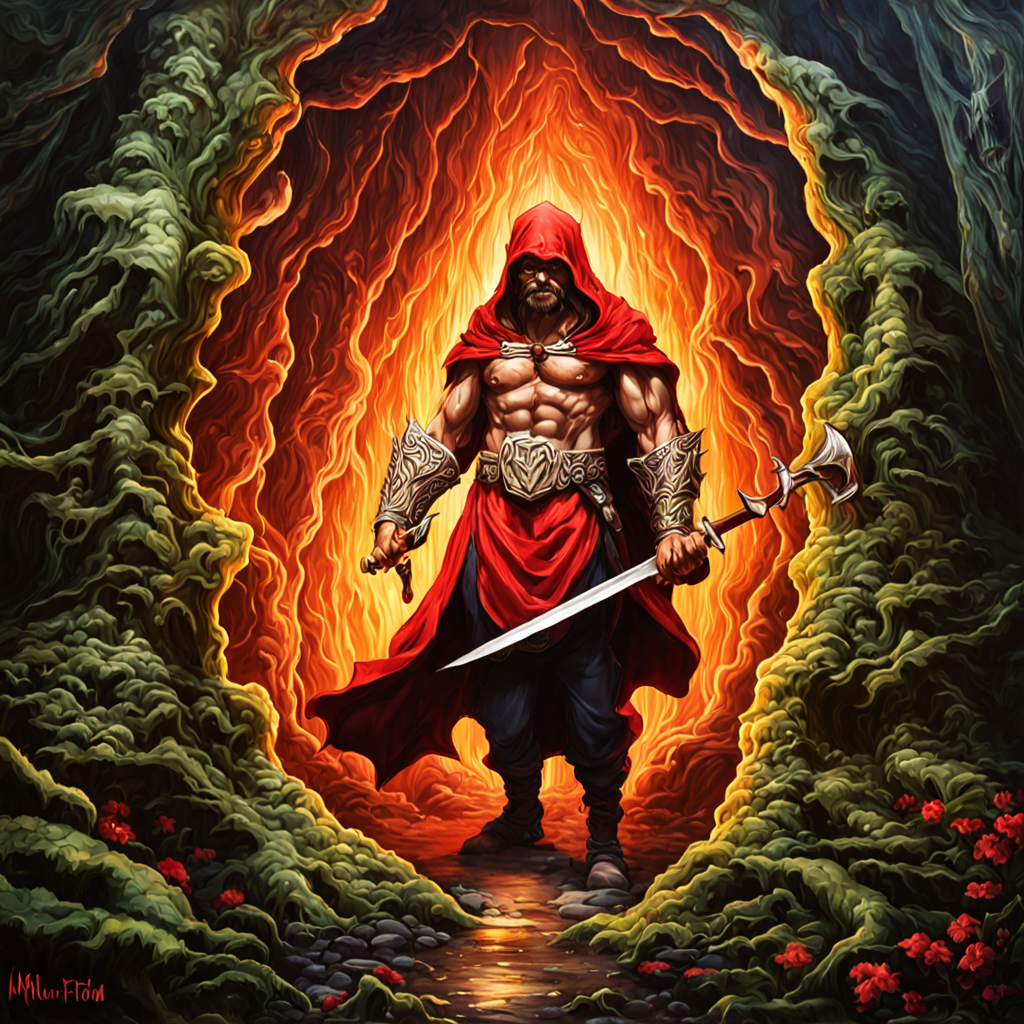 masterpiece, best quality, angry goblin warrior in the forest with arms crossed wearing tethered dirty appeal and red cloak by dnmumfrd <lora:dan_mumford_v09:1.2>, Crystal Caverns . Majestic underground city carved from stunning natural crystal formations, translucent spires, glittering architecture, Heroic Realist sculpture  . Figures with idealized musculature posing dynamically, celebrating ideals of mass utopian culture, Kinetic sculpture  . Moving parts, plays of light, floating shapes, real motion that transforms itself, horror-themed  . eerie, unsettling, dark, spooky, suspenseful, grim, highly detailed, tilt-shift photo of  . Selective focus, miniature effect, blurred background, highly detailed, vibrant, perspective control, Art nouveau style . Ornate organic pattern, floral motifs, curving lines, elegant decoration, gold accents