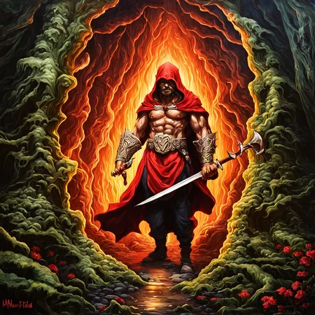 masterpiece, best quality, angry goblin warrior in the forest with arms crossed wearing tethered dirty appeal and red cloak by dnmumfrd <lora:dan_mumford_v09:1.2>, Crystal Caverns . Majestic underground city carved from stunning natural crystal formations, translucent spires, glittering architecture, Heroic Realist sculpture . Figures with idealized musculature posing dynamically, celebrating ideals of mass utopian culture, Kinetic sculpture . Moving parts, plays of light, floating shapes, real motion that transforms itself, horror-themed . eerie, unsettling, dark, spooky, suspenseful, grim, highly detailed, tilt-shift photo of . Selective focus, miniature effect, blurred background, highly detailed, vibrant, perspective control, Art nouveau style . Ornate organic pattern, floral motifs, curving lines, elegant decoration, gold accents