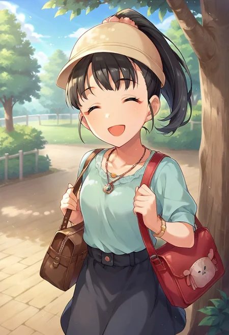 score_9, score_8_up, score_7_up, source_anime,fukuyama mai, black hair, black eyes, ponytail, 1girl, necklace, hat, closed eyes, jewelry, skirt, smile, solo, tree, bag, bare tree, open mouth