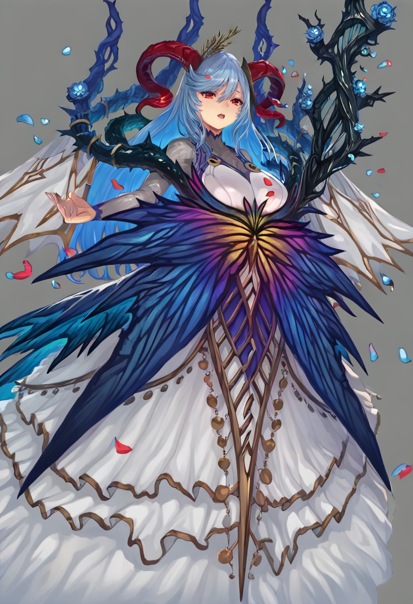 1girl, horns, solo, breasts, red eyes, long hair, open mouth, dress, large breasts, blue hair, thorns, staff, multicolored hair, petals, flower, curled horns, full body, bangs, blue flower, blue rose, hair ornament, red horns, holding, looking at viewer, grey background <lora:yoshikuXL_NBVP1_lokr_V6311P:0.95>