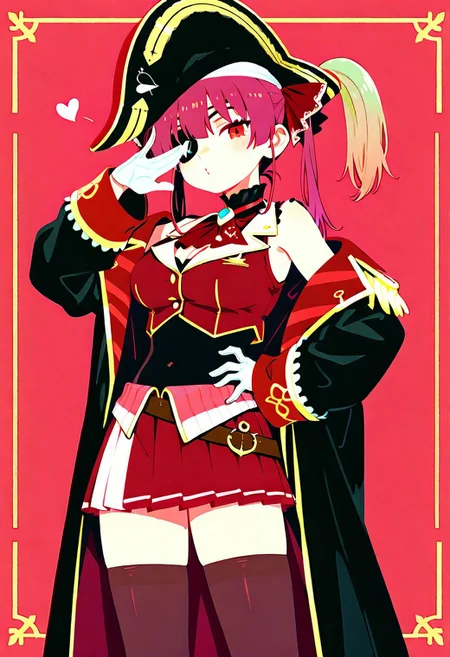 masterpiece,best quality,amazing quality, solo, Houshou_Marine,red_hair, red_eyes, twintails, long_hair, miniskirt, pleated_skirt, red_skirt, black_thighhighs, black_choker, frilled_choker, black_coat, red_coat, two-sided_fabric, brown_belt, white_gloves, cropped_jacket, red_ascot, hair_ribbon, red_ribbon, sleeveless_jacket, sleeves_past_wrists, cleavage, pirate_hat, black_hat, eyepatch ,simple background,red background,pirate flag background,haiz_ai, no lineart,no outline, <lora:ponyv6_noobE11_2_adamW-000017:0.3> <lora:MeMaXL4:0.8> <lora:veluflora-wai:0.4> <lora:haiz_ai_illu:0.7>cute pose,blow a kiss,love symbol,