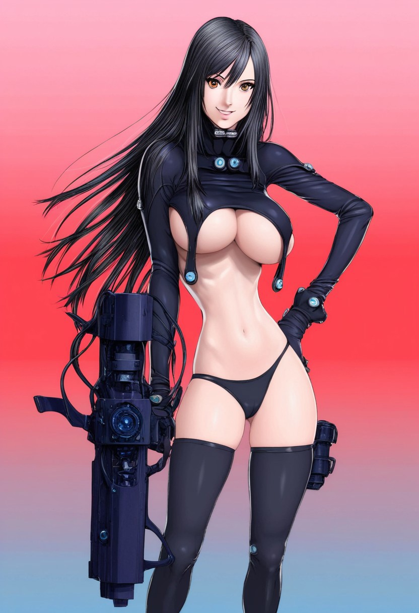 score_9, score_8_up, score_7_up, hiroya_oku_style, 1girl, solo, breasts, thighhighs, black hair, large breasts, underboob, long hair, hand on hip, navel, black thighhighs, gloves, panties, smile, brown eyes, underwear, weapon, midriff, standing, gradient, bodysuit, standing confidently