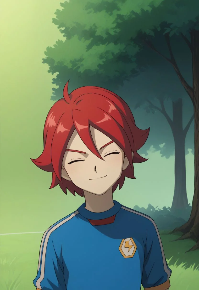 score_9, score_8_up, score_7_up, source_anime, highly detailed, 1boy, solo, male_focus, skinny, slender,
soccer uniform, 1boy, male focus, solo, closed eyes, sportswear, upper body, red hair, smile, tree
outdoor, grass,