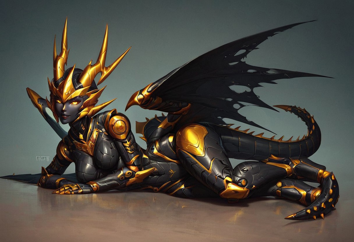 score_9, score_8_up, score_7_up,score_6_up, Expressiveh, 1dk, score_9, solo,  lewd face,  perfection, perfect hands, detailed hands,  1girl, solo, alone, medium breasts, 
 glowing eyes, 
dragongirl, monstergirl, dragon wings, large wings,  wings spread, black wings, 
 long tail, black and gold tail, gold and black wings, dragon tail,  spines on tail,  spiked tail,  long horns,  curved horns, zoomed out
 full body view, laying on side, 
glowing eyes, mecha, robot, autobot, glowing eyes,  yellow eyes, black skin,  golden accents, 
mecha, robot, autobot, glowing eyes, black4TF