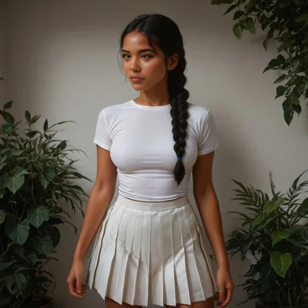 score_9, score_8_up, score_7_up, 18 years old,zPDXL3, Western Comics, 1girl, medium  breasts, , native american, black twin braid hair,white shirt, tight shirt, (white skirt), pleated skirt, cute face, standing, indoor, intricate detail, sunlight,,