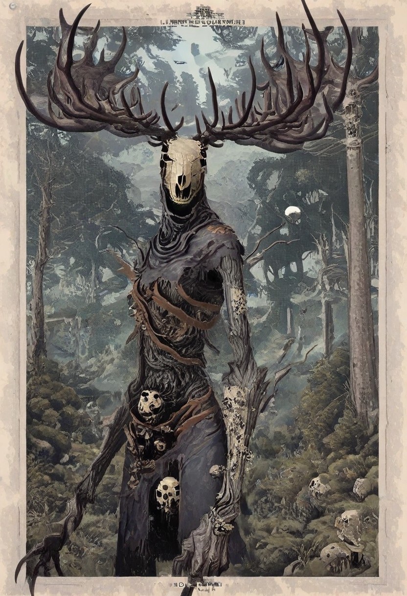 masterpiece, best quality, high quality,nj \(dalo\), (by mizu cx:1.1),by suzukasuraimu, [[lifeline \(a384079959\)]], soukaku \(zenless zone zero\),, W3Leshen, antlers, skull, claws, monster, torn clothes, horns, horror, surreal,[cyberspace],, nihonga, very aesthetic, scenery, forest, mhh, solo, in the style of cksc