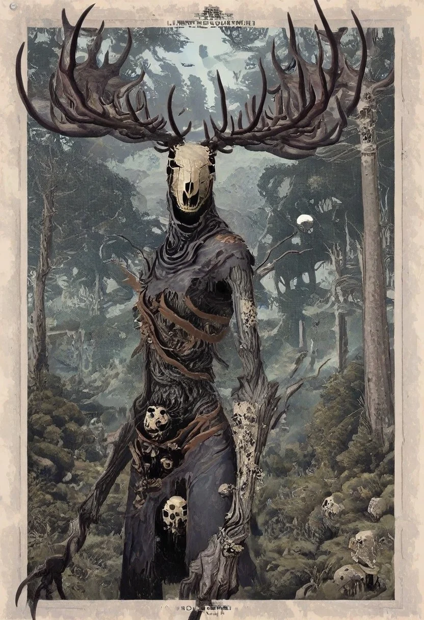 masterpiece, best quality, high quality,nj \(dalo\), (by mizu cx:1.1),by suzukasuraimu, [[lifeline \(a384079959\)]], soukaku \(zenless zone zero\),, W3Leshen, antlers, skull, claws, monster, torn clothes, horns, horror, surreal,[cyberspace],, nihonga, very aesthetic, scenery, forest, mhh, solo, in the style of cksc