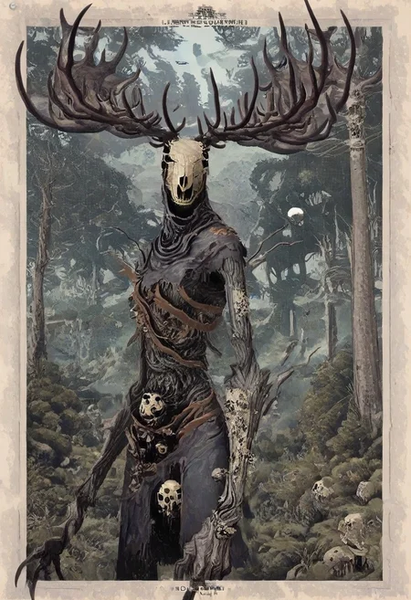masterpiece, best quality, high quality,nj \(dalo\), (by mizu cx:1.1),by suzukasuraimu, [[lifeline \(a384079959\)]], soukaku \(zenless zone zero\),, W3Leshen, antlers, skull, claws, monster, torn clothes, horns, horror, surreal,[cyberspace],, nihonga, very aesthetic, scenery, forest, mhh, solo, in the style of cksc
