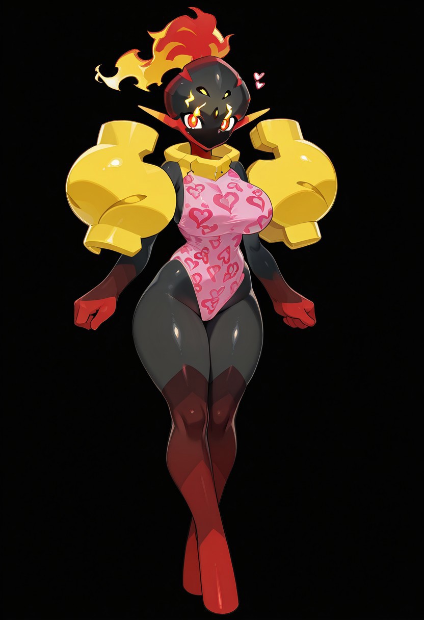 solo, Heart stamped leotard, armarouge, full body, looking at viewer, blank background, large breasts, black skin