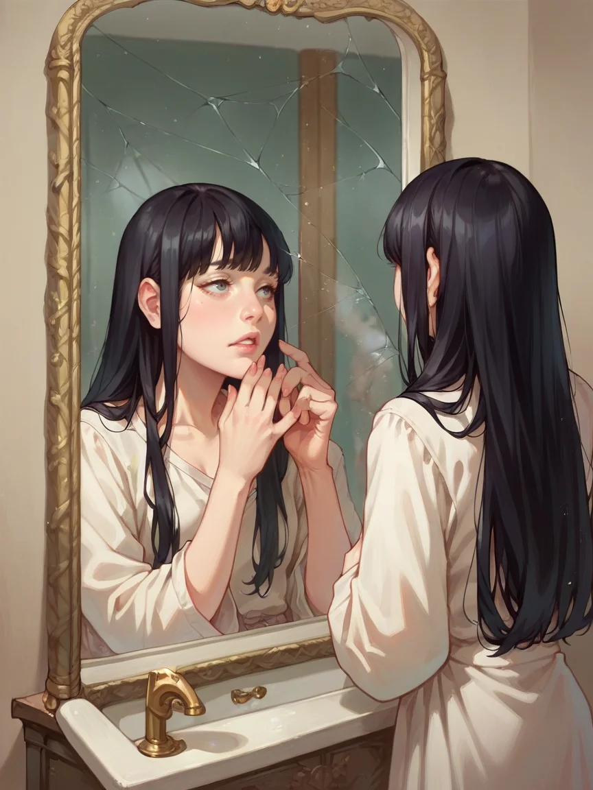 score_9, score_8_up, score_7_up, score_6_up, <lora:m1rr0rXLP:0.6> m1rr0r, mirror, reflection, long hair, 1girl, black hair