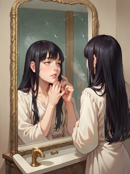 score_9, score_8_up, score_7_up, score_6_up, <lora:m1rr0rXLP:0.6> m1rr0r, mirror, reflection, long hair, 1girl, black hair