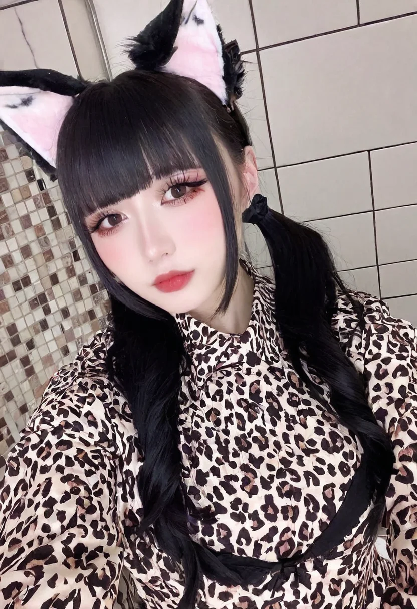 onlyfans,selfie,masterpiece,best quality,jirai kei, jiraikei face, a woman, solo, black hair, long hair, bangs, animal ears, blunt bangs, looking at viewer, upper body, eyes, multicolored hair, dress, closed mouth, lips, long sleeves, photo background,makeup,long eyelashes,eyelashes,thick eyelashes,twintails,eyeliner,Bathroom background,Tile wall
<lora:jirai kei-SDXL-V1:0.7>