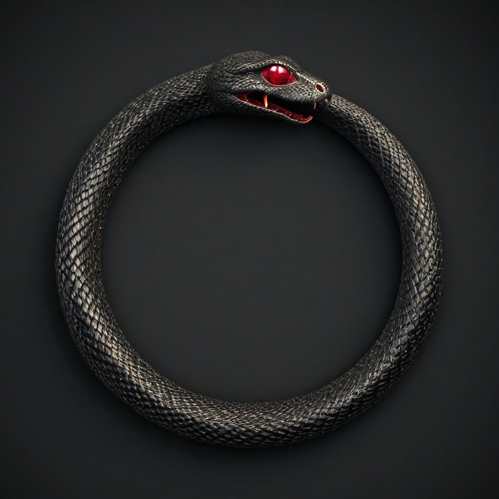 Glowing Snake,Ouroboros, 8k, high resolution, fine quality, high quality, very detailed, photo realistic, snake eating its own tail, snake with its tail in its mouth, snake, solo snake, detailxl, background, snake has a ruby as an eye.