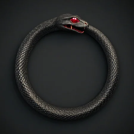 Glowing Snake,Ouroboros, 8k, high resolution, fine quality, high quality, very detailed, photo realistic, snake eating its own tail, snake with its tail in its mouth, snake, solo snake, detailxl, background, snake has a ruby as an eye.