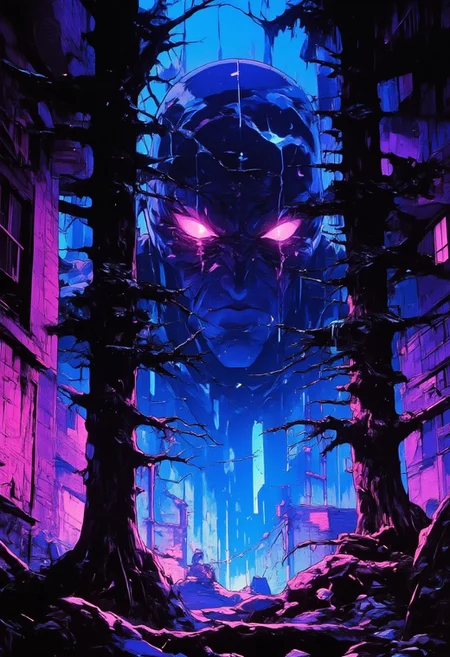 "In a shadowy, dimly lit forest, a vibrant bioluminescent creature materializes from the darkness, its form shifting and flickering with a glitch-like instability. The creature’s silhouette glows with neon blue and purple hues, casting a soft, ethereal light on the surrounding trees. Its faceted eyes reflect the ambient glow, adding to its eerie, otherworldly presence. The image, digitally enhanced, captures every glitch and shimmer with incredible clarity, allowing for each intricate detail to fascinate the viewer. The atmosphere is vivid and luminescent, with rich colors highlighting the creature’s mysterious form without overwhelming the scene. The overall composition blends semi-realistic anime style with high-resolution fantasy, creating a visually striking image that feels alive and captivating."