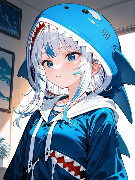 masterpiece,best quality,score_9,score_8_up,score_7_up,best quapoty,highres,absurdres,source_anime,indoors,<lora:NAI:0.7>,NAI_style,<lora:gawr_gura_(1st_costume):0.8>,close-up,upper body,indoors,gawr_gura_(1st_costume),(1girl:1.1),solo,multicolored hair,shark hood,