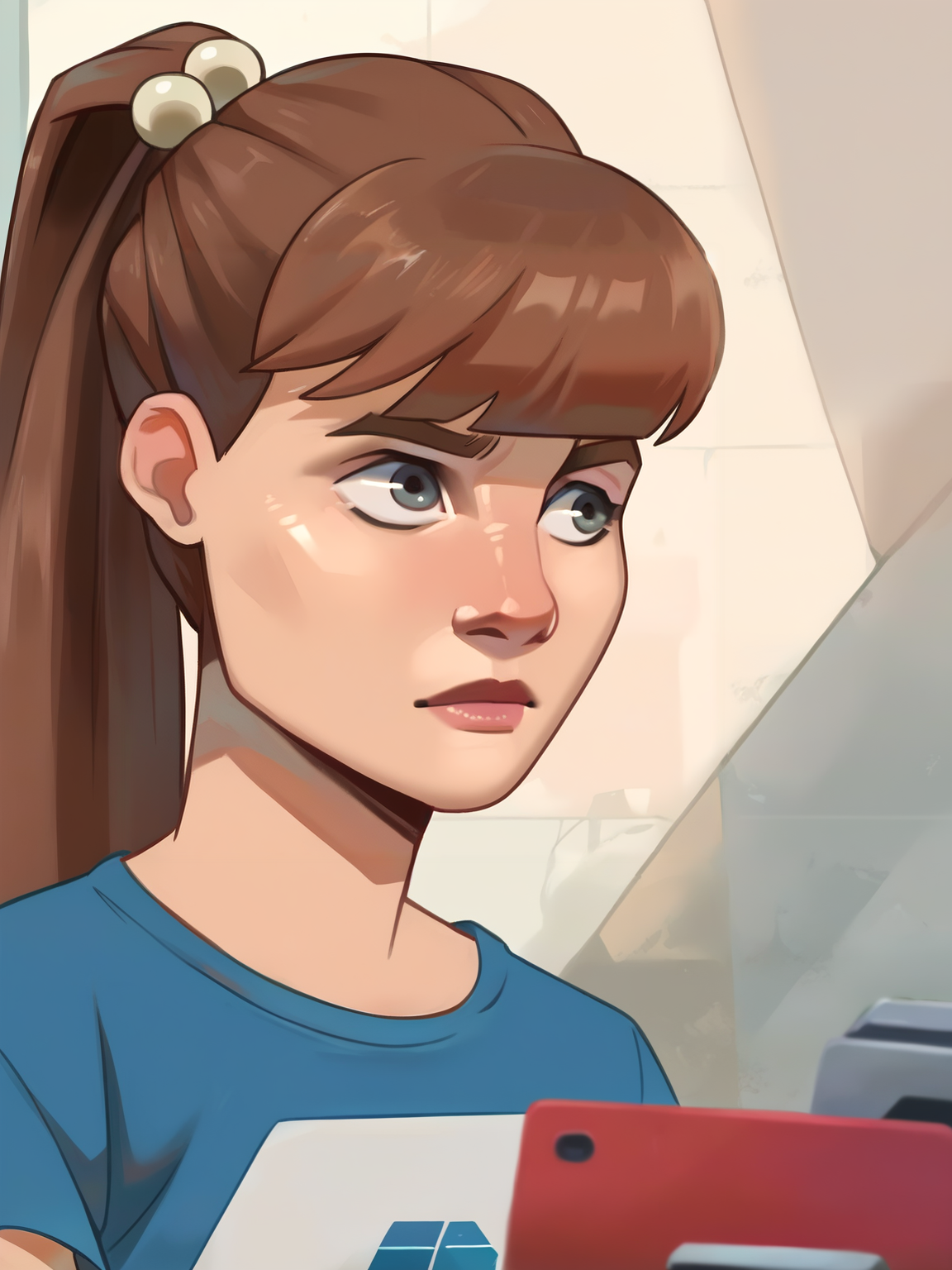 <lora:monster_girlv2:0.6> m_g, 1girl, brown ponytail hair, bangs, hairpin, small body, skinny body, grey eyes,   <lora:KostV2:0.9> kost style, breasts, score_9, score_8_up, score_7_up,