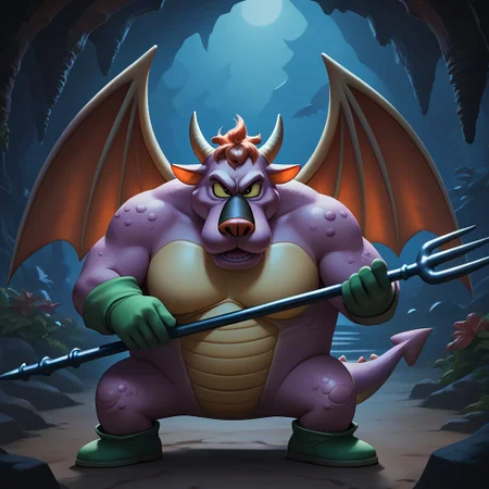 score_9,score_8_up, 2d, game, illustrated,
Archdemon, Archdemon(DragonQuest), standing, green boots, green gloves, long spear,
in dark cave, at night,
small eyes,