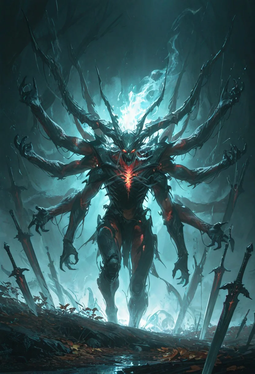scifi, fantasy, masterpiece, best quality, great composition, four arms, many limbs, assymetry, assymetrical arms, bigger arm holding enormously big broken runic blade enchatned with the souls of the damned, The Revenant is a spectral, humanoid creature that appears ghostly and otherworldly. Its form hovers above the ground, giving it an ethereal and unsettling presence. The body is semi-transparent, with sharp, jagged features that make it look both menacing and unnatural. Its face is obscured, often appearing as a shadowy void or with glowing eyes that pierce through the darkness.
The Revenant’s arms are elongated and end in claw-like appendages, giving it a sinister, predatory look. Its lower body fades into a swirling mist, emphasizing its incorporeal nature. It moves fluidly, as though gliding effortlessly, and its presence is often accompanied by an eerie glow or shimmering aura.
When attacking, the Revenant strikes swiftly and leaves an otherworldly impression, making it feel like an unstoppable force. Its spectral design and unnerving movement make it a haunting and unforgettable entity.