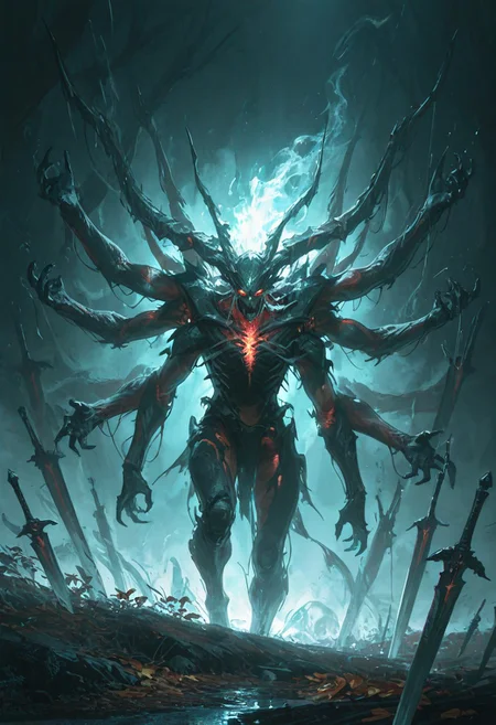 scifi, fantasy, masterpiece, best quality, great composition, four arms, many limbs, assymetry, assymetrical arms, bigger arm holding enormously big broken runic blade enchatned with the souls of the damned, The Revenant is a spectral, humanoid creature that appears ghostly and otherworldly. Its form hovers above the ground, giving it an ethereal and unsettling presence. The body is semi-transparent, with sharp, jagged features that make it look both menacing and unnatural. Its face is obscured, often appearing as a shadowy void or with glowing eyes that pierce through the darkness.
The Revenant’s arms are elongated and end in claw-like appendages, giving it a sinister, predatory look. Its lower body fades into a swirling mist, emphasizing its incorporeal nature. It moves fluidly, as though gliding effortlessly, and its presence is often accompanied by an eerie glow or shimmering aura.
When attacking, the Revenant strikes swiftly and leaves an otherworldly impression, making it feel like an unstoppable force. Its spectral design and unnerving movement make it a haunting and unforgettable entity.