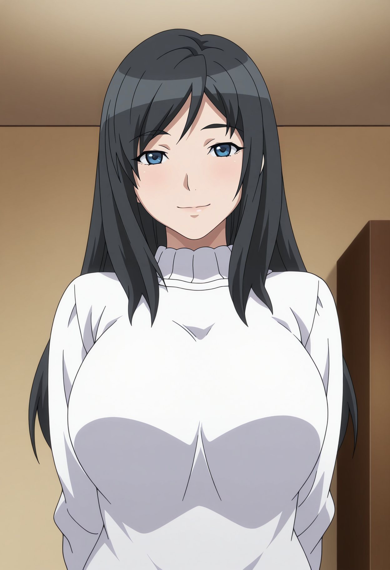 1girl,solo,mm,mature female,black hair,long hair,blue eyes,large breasts,anime coloring,
shirt,upper body, looking at viewer, smile, indoors, 
,masterpiece,best quality,amazing quality,<lora:Nanami_Honda-Soredemo_Tsuma_wo_Aishiteru_ix:0.8>