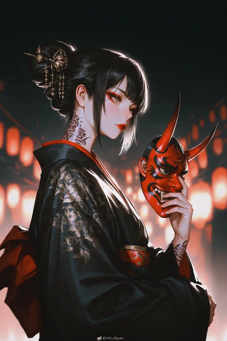 masterpiece, best quality, Good quality, very aesthetic, absurdres, newest, an elaborate, possibly ceremonial kimono with floral patterns. The individual has dark hair styled upwards, revealing prominent eyebrows, eyes, and cheekbones, along with makeup that accentuates their features. They are interacting closely with someone wearing a distinctive mask, which obscures most of the visible identity but adds to the dramatic effect. Tattoos on one arm add an element of personal expression or cultural significance. The lighting creates high contrast between light and shadow across the scene, contributing to a mysterious and intense atmosphere., 1girl, solo, looking_at_viewer, short_hair, black_hair, hair_ornament, holding, closed_mouth, upper_body, japanese_clothes, pointy_ears, kimono, hair_bun, blurry, from_side, grey_eyes, tattoo, blurry_background, mask, expressionless, floral_print, single_hair_bun, realistic, red_lips, arm_tattoo, hair_stick, black_kimono, unworn_mask, weibo_username, holding_mask, neck_tattoo, oni_mask, hyur <lora:ponyv4_noob1_2_adamW-000017:0.7> <lora:USNR_STYLE_XL_lokr:0.8> <lora:EtherSDXL:0.15>