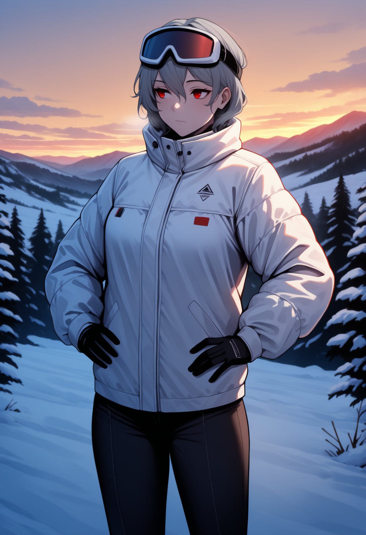 anime, masterpiece, best quality, newest, solo, 1girl, iz4namidef, expressionless, looking away, standing, hands on own hips, grey hair, ski goggles, goggles on head, red eyes, white jacket, down jacket, puffy long sleeves, black gloves, black pants, outdoors, sunset, cloud, nature, snow, tree, mountainous horizon
<segment:yolo-Anzhc Face seg 640 v2 y8n.pt,0.4,0.5//cid=1>