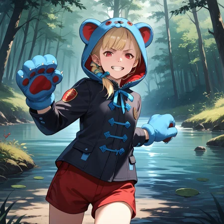 anime coloring, score_9, score_8_up, score_7_up, score_6_up, natalia-korda, resident evil, 1girl, blue ribbon, red eyes, blonde hair, lips, braid, black jacket, paw gloves, red shorts, marching, menacing grin, evil expression, in the forest, creek, undergrowth, succulents, animal hood, (bear costume:0.7)