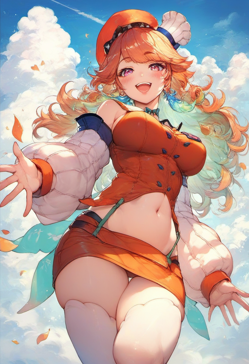 zPDXL, score_9, score_8_up, score_7_up, score_6_up, score_5_up, score_4_up, BREAK  <lora:Takanashi_Kiara_all_outfitsPonyXL:0.8>, kiara_default, 1girl, solo, navel, open mouth, smile, looking at viewer, sky, blush, cloud, large breasts, perfect hand, perfectly drawn hands
