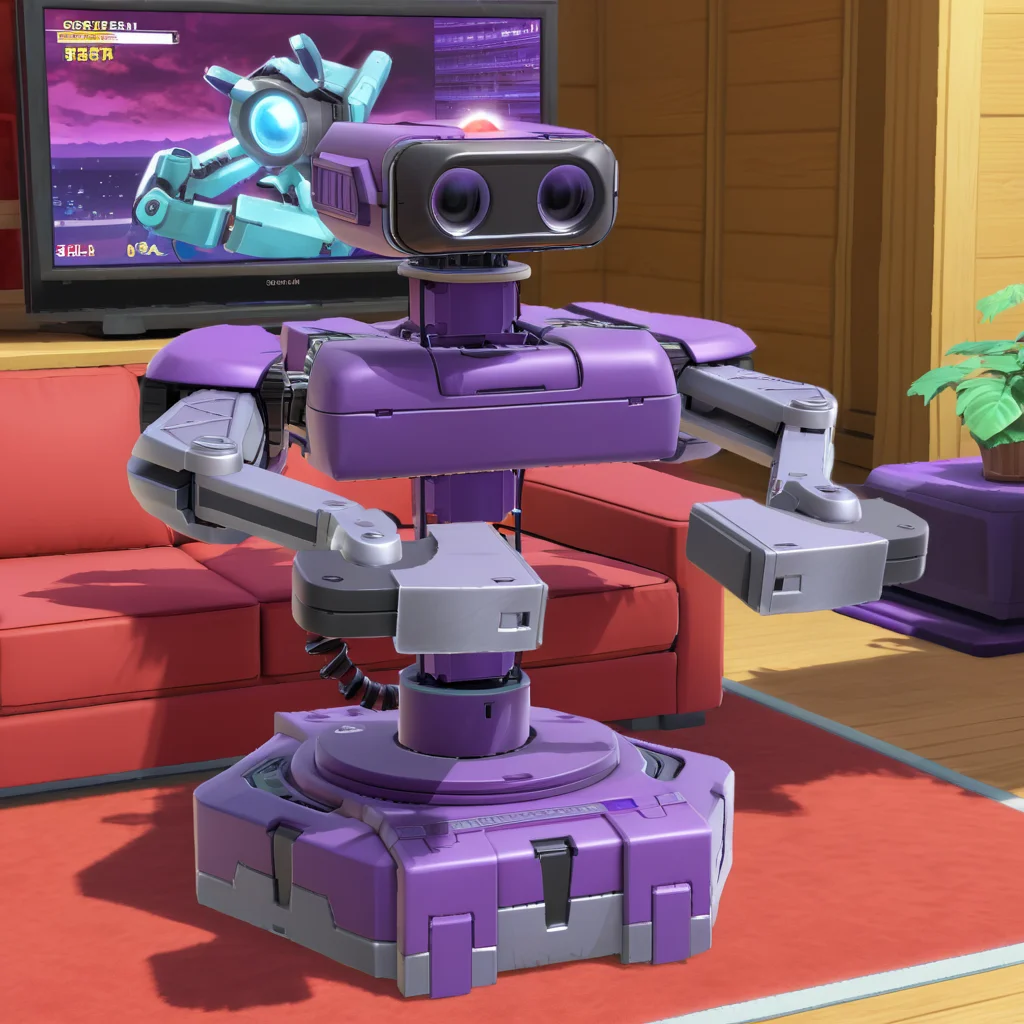 <lora:ROBXL:0.7> purple robot robxl, gamecube, on red couch, tv, (anime, masterpiece, intricate:1.3), (best quality, hires textures, high detail:1.2), (4k),(incredibly detailed:1.4),UHD, 8K, ultra detailed
