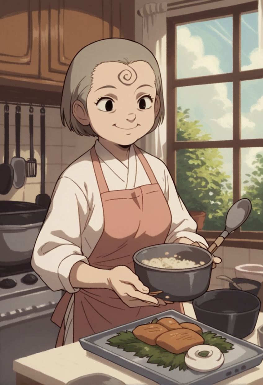 score_9, score_8_up, score_8,
 <lora:Tokiko_Yukimura_Kekkaishi_for_PonyXL:0.8> 1girl, tokiko, elderly female, grey hair, solo, black eyes, blouse, apron, 
kitchen, cooking, pot of rice, plate of food, food, smile, window,
