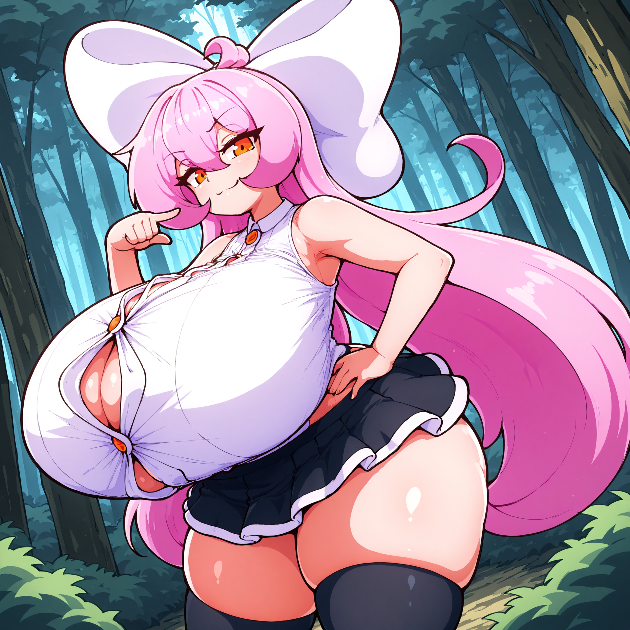 (masterpiece), best quality, (highly detailed), 1female, solo,  <lora:Masked_agent_style_IL:0.8>, shortstack, button shirt, black microskirt, thighhighs, hairbow, gigantic breasts, thick thighs, pink hair, long hair, smug, big hairbow, orange eyes, button gap, bare shoulders, forest, standing, pointing at viewer, hand on hip,