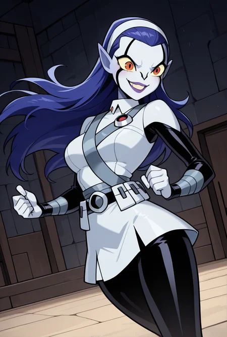 <lora:rookshar-10:1> rookshar, blue hair, colored skin, yellow sclera, long hair, 1girl, purple lips, white hairband, pointy ears, white suit, black sleeves, black pants, white skirt, short skirt, utility belt, smile,  sharp canines, teeth, dynamic pose, masterpiece, best quality, amazing quality, very aesthetic, absurdres, newest,