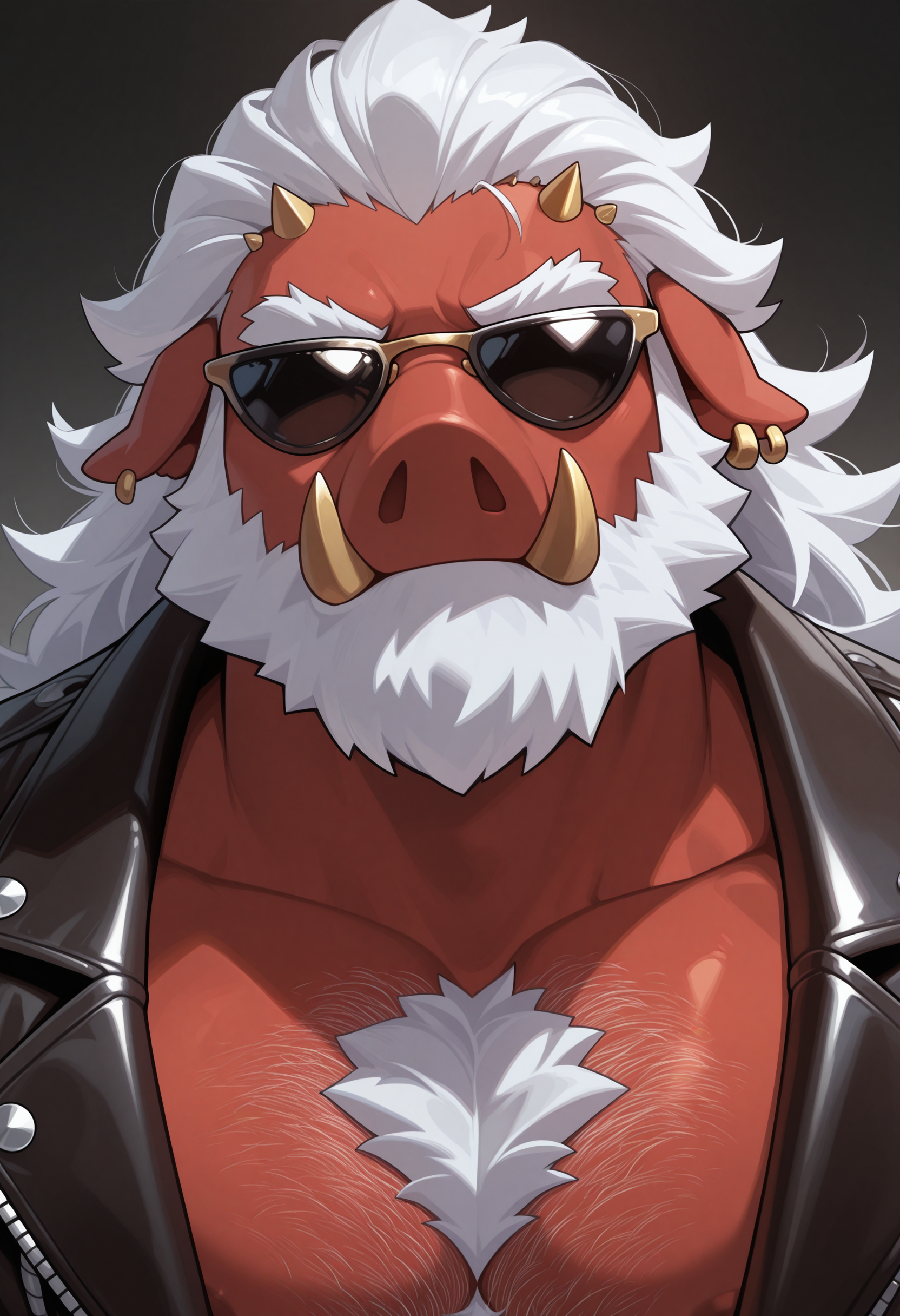 masterpiece, best quality, amazing quality, solo, 1boy, BigDaddy, sunglasses, Leather Jacket, close up, chest hair