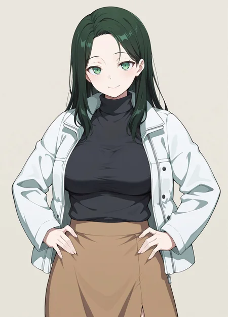 unholy-aesthetic, masterpiece, best quality, amazing quality, absurdres,
na0n_yun0,1girl, solo, dark green hair, long hair, green eyes, large breasts,
White jacket, open jacket, black sweater, turtleneck sweater, brown skirt
smile, standing, hands on the hips, cowboy shot, looking at viewer, standing, simple background, beige background,