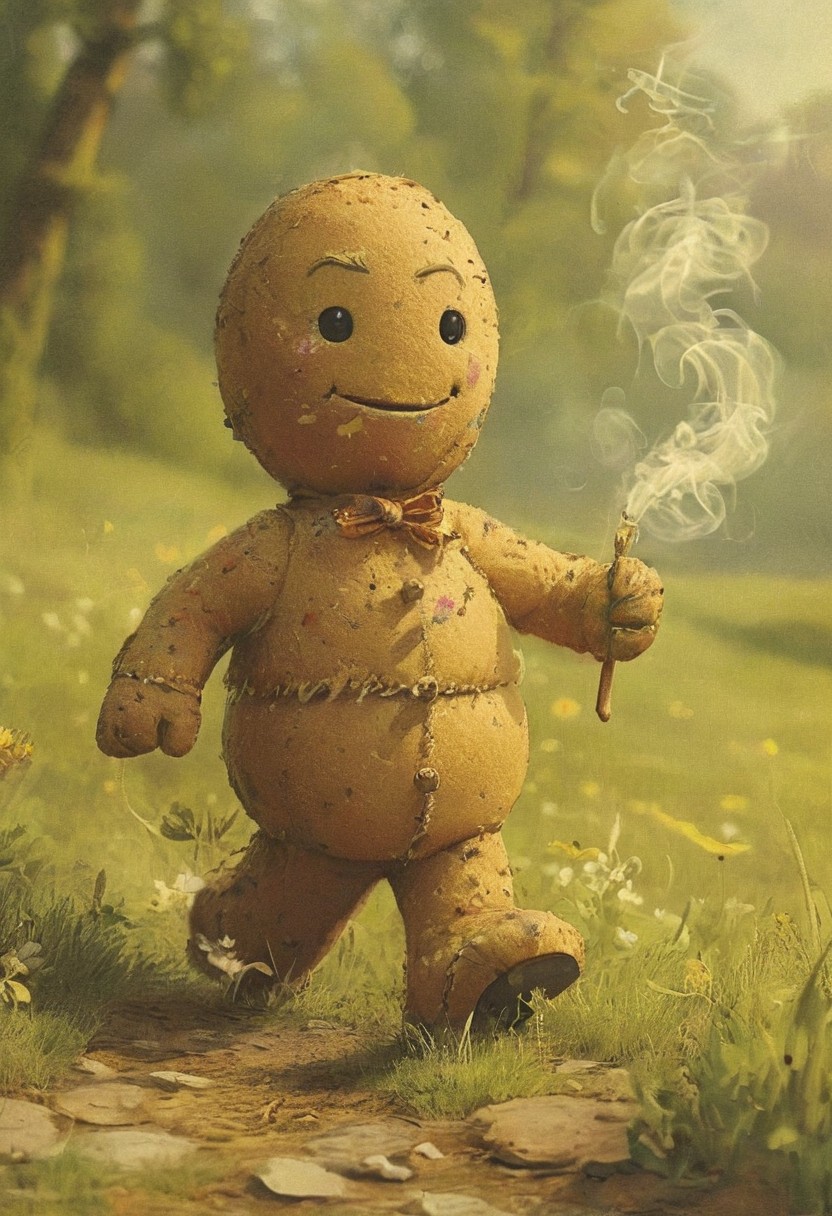 The Gingerbread Man, with his gumdrop buttons gleaming, races across a sugar-coated meadow, leaving a trail of dreamlike smoke and laughter. His spirited escape from fanciful foes highlights his determination and zest for life., 
in the style of shrek 80s VHS tape dreamcore retro fantasy, nostalgic, dreamlike quality, VHS screen grab, film grain, static, blurriness, and subtle dust and dirt artifacts