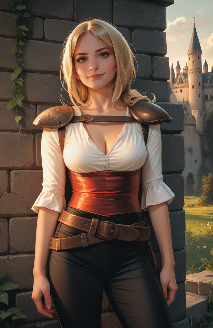 score_9, score_8_up, score_7_up, score_6_up, score_5_up, score_4_up, realistic, photoshop \(medium\), <lora:Valeria_t2-000008-128:1.0> 1girl, Valeria, blonde, large breasts, cleavage, shirt, shoulder pads, belt, pants,  boots, seductive pose, smile
, outdoors, on castle wall, medieval, sundown, rim lighting
