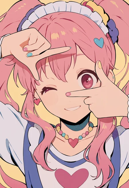 score_9, score_8_up, score_7_up, source_anime, amazing quality, newest, absurdres, blue theme, white theme, yellow theme, 1girl, solo, very long hair, floating hair, twintails, pink hair, heart hair ornament, maid headdress, finger frame, finger frame over eye, rainbow nail polish, glitter nail polish, eye glitter, eye focus, pink eyes, one eye closed, close-up, v-neck, loose shirt, sleeves rolled up, collarbone, heart earrings, heart necklace, wrist scrunchie, wide smile, <lora:semham4-pony-000025>, <lora:finger_frame_xlpony_240406>