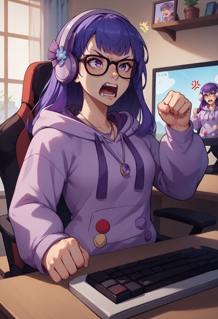 score_9, score_8_up, score_7_up, 1girl, rdenShgunAnv, purple hair, sidelocks, purple eyes, glasses, bespectacled, headphones, hair ornament, purple hoodie, hood down, drawstring, long sleeves, necklace, jewelry, contemporary, casual, <lora:RaidenShogun2ndAnniv_pdxl_Incrs_v1:1>, fist, indoors, desk, keyboard \(computer\), monitor, gaming chair, screaming, angry, anger vein,