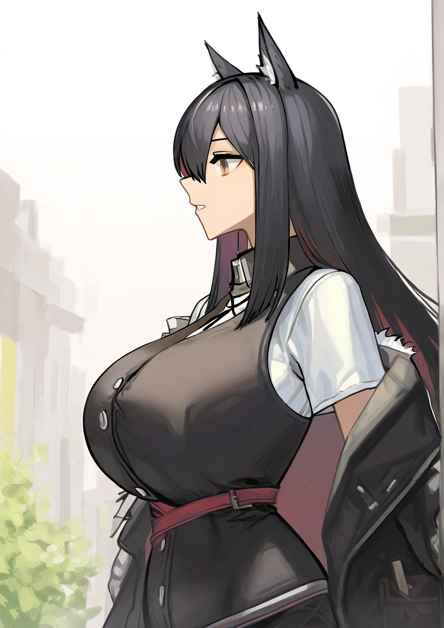 <lora:jochal:1.2>,1girl, texas \(arknights\), detailed background, huge breasts, wide hips, arknights, black hair, black jacket, black vest, breasts, brown eyes, from side, hair between eyes, jacket, long hair, off shoulder, one-hour drawing challenge, parted lips, profile, shirt, solo, upper body, vest, white shirt, 
very awa, masterpiece, best quality, highres, absurdes,amazing quality,year 2024,newest