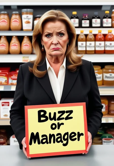 grumpy woman, Karen, in store, holding sign that says "buzz or manager"