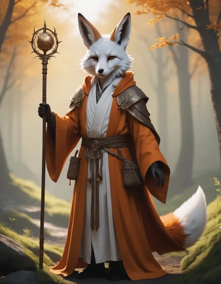 A humanoid figure with rabbit ears and fox tail. Holding a staff and wearing a robe. Fantasy art.
