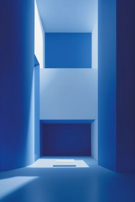 <lora:Hiroshi Nagai Style:1>Hiroshi Nagai Style - Make an illustration that combines the light and space of the Bauhaus [structure] with James Turrell. Blue and dark blue tones, light and pleasant colors 16k