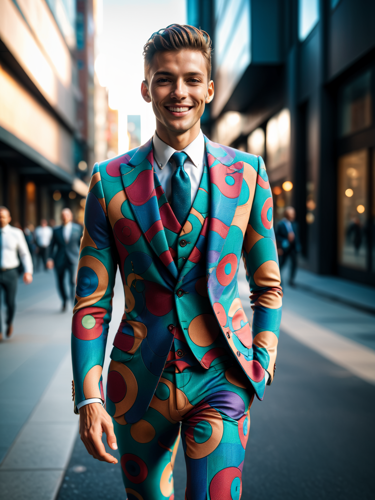 man walking through city wearing colorful mad-clfcrcle suit, light smile, dynamic pose, cinematic shot, great lighting<lora:Colorful_Circles_SDXL_v2:0.8> mad-clfcrcle, raw photo, film grain, Fujifilm XT3, (photorealistic, realistic:1.2), deep shadow,  8k, uhd, dslr, ultra high res