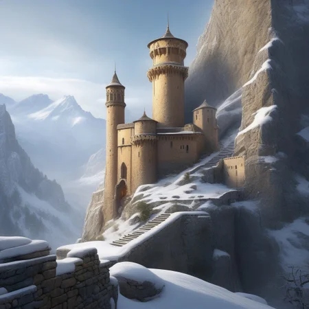 a keep on a (rock spire), battlement, Machicolations, a stairway to the keep, doorway, mountain in background, very wide shot, fantasy, atmospheric effects, snow, best quality, masterpiece, realistic, photo-realistic, amazing, finely detail, ultra-detailed, highres, extremely detailed, 8k wallpaper