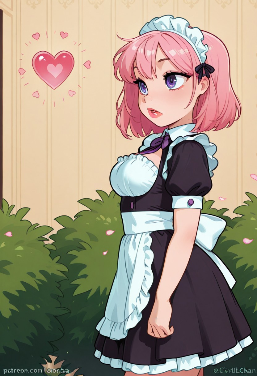 <lora:CivChan:1> side view, CivChan, purple eyes, pink hair, maid outfit, medium breasts, full lips, floating hearts, hearts, doing the homer Simpson walking backward meme, Large bush wall