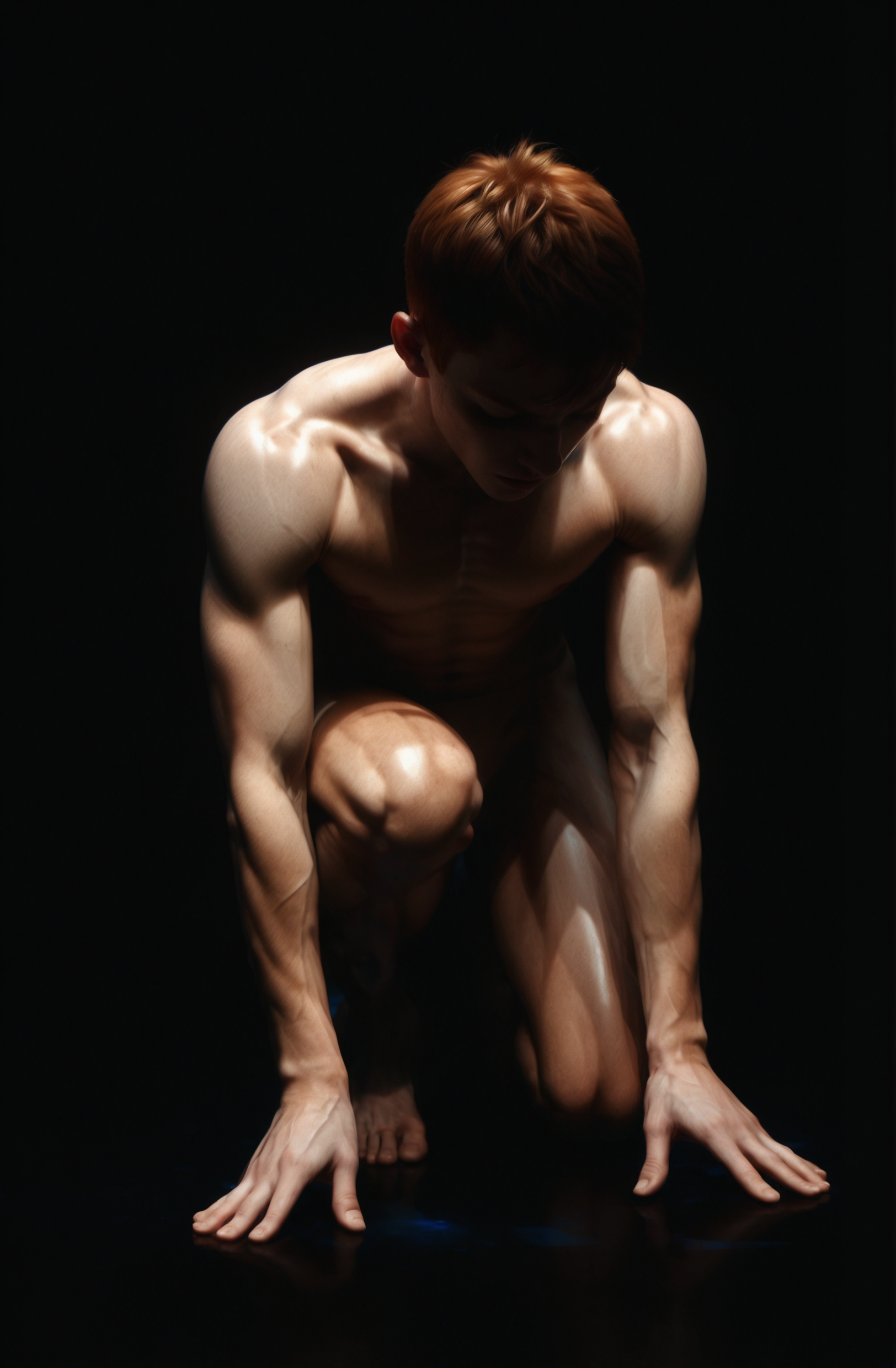 naked skinny muscular gingerhead boy kneeling in the dark, face in the shadow, defined muscles, extremely detailed, glass reflection, dark shadows, hidden face, white skin, closed eyes, forelock, feet, realistic toes, detailed hands, (realistic fingers:1.3), soft light