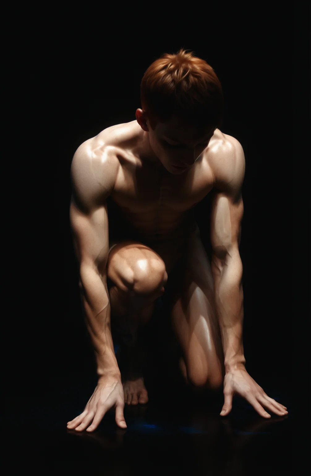 naked skinny muscular gingerhead boy kneeling in the dark, face in the shadow, defined muscles, extremely detailed, glass reflection, dark shadows, hidden face, white skin, closed eyes, forelock, feet, realistic toes, detailed hands, (realistic fingers:1.3), soft light