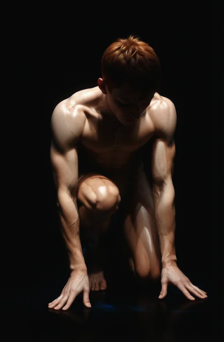 naked skinny muscular gingerhead boy kneeling in the dark, face in the shadow, defined muscles, extremely detailed, glass reflection, dark shadows, hidden face, white skin, closed eyes, forelock, feet, realistic toes, detailed hands, (realistic fingers:1.3), soft light